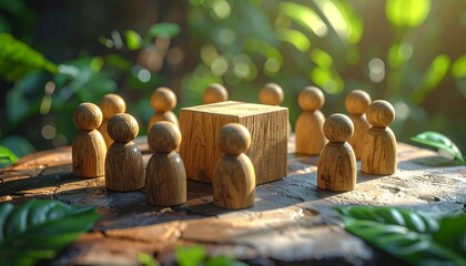 Eight wooden figurines encircle a central cube—ritual of community and focus, where faceless forms and natural light choreograph the emotional architecture of collaboration and shared intention.