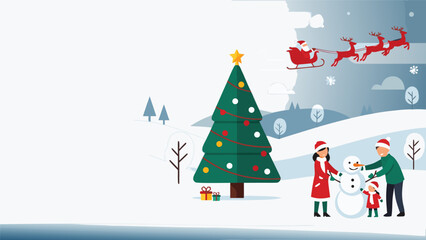 Winter Christmas Scene Illustration Family Building Snowman Background