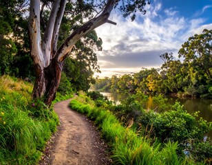 Dirt path winds past a river bank, framed by trees and lush green foliage, cloudy sky