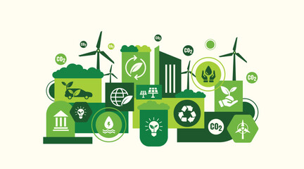 World environment and sustainable development concept with ecology icons template vector flat design, eco friendly and green technology. ESG for business and organization. Net zero and carbon neutral