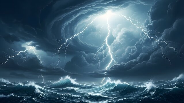 Dramatic lightning storm over the ocean with turbulent waves and dark clouds