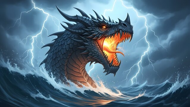 Dragon roaring in stormy seas with lightning strikes and fiery breath - Powered by Adobe