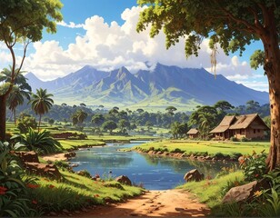 Scenic tropical landscape with mountain backdrop, vibrant sky, and calm lake