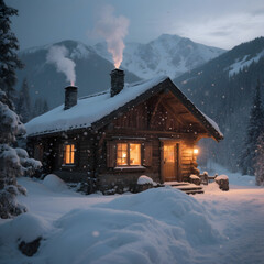 Cozy winter cabin scene conveying warmth against a cold landscape &mdash; great for travel or seasonal storytelling.