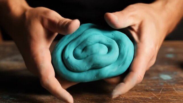 Hands squeezing and manipulating vibrant blue modeling clay on a wooden surface creating texture and form in a close up shot demonstrating creativity and tactile engagement