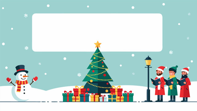 A festive Christmas winter scene illustration with carol singers, a snowman, and a decorated tree, perfect as a holiday greeting card background