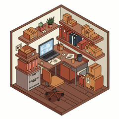 A charming isometric illustration presents a well-organized, efficient home office, perfect for remote work, small business operations, or creative productivity.