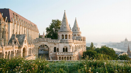 Gorgeous view of Fisherman's Bastion in Budapest during sunrise, perfect for travel blogs or tourism brochures.