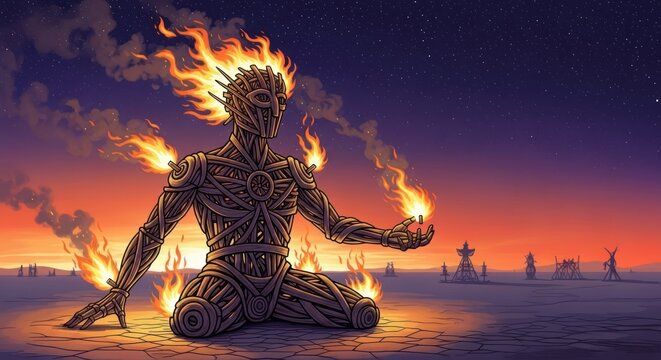 A man in a meditative pose with flames around him, surrounded by a desert landscape with a starry sky.