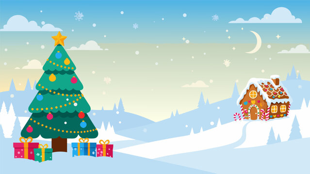Winter Christmas scene illustration background with a decorated tree and gingerbread house in snowy landscape