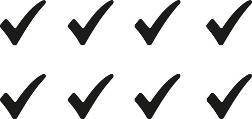 Black check mark icons, tick symbol set, confirmation vector, task completion graphic, survey checkbox, outline style, minimalist design