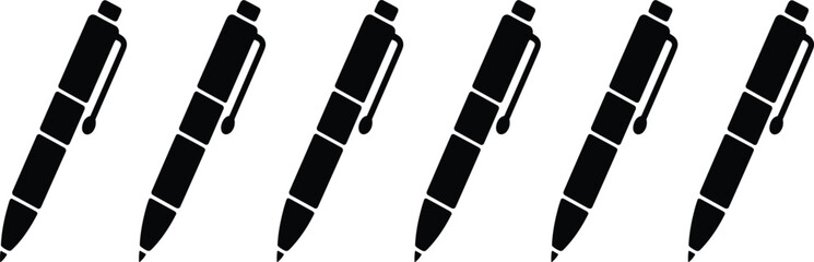 Black pen silhouettes, stationery icon, office supply vector, minimal pen design, clip detail, segmented body, isolated illustration, seamless repetition