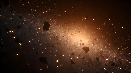 Dramatic asteroid field destruction in deep space, cosmic debris and glowing particles, science fiction
