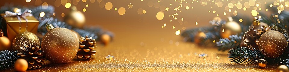 Panoramic Christmas Decorations and Winter Holiday Scene with Golden Lights