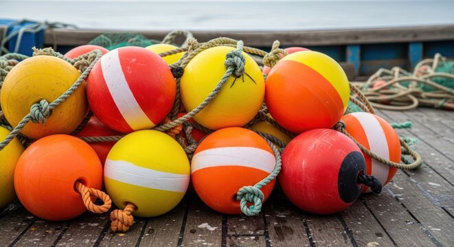 A pile of colorful fishing buoys on a wooden deck.