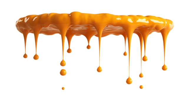 Vibrant orange liquid drip isolated - sweet syrup & paint flow abstract