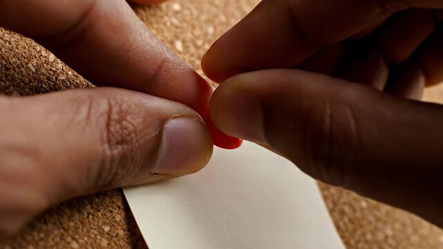 Closeup of hands pinning a blank sticky note to a corkboard for reminders and organization in an office or home setting symbolizing tasks and productivity