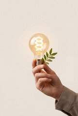 A person holding a lit energy-saving light bulb in his hand