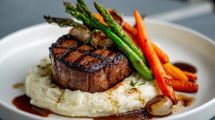 Gourmet grilled steak served with mashed potatoes and seasoned vegetables.