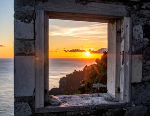 Sunrise over ocean framed by broken stone window. Sunset with vibrant sky and cliffs