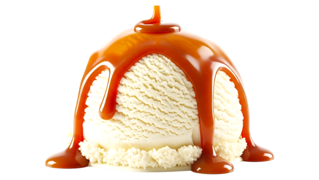 Vanilla ice cream scoop topped with flowing caramel sauce isolated on white background, sweet dessert indulgence.

