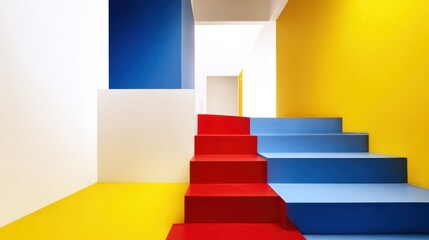 Vibrant staircase design with alternating red, blue, and yellow color scheme.