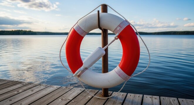 A red and white life buoy hanging from a wooden dock on a calm lake with a clear blue sky in the background.
