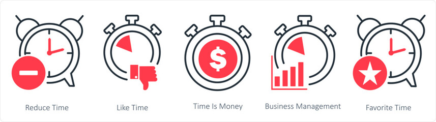 A set of 5 business icons as reduce time, like time, time is money