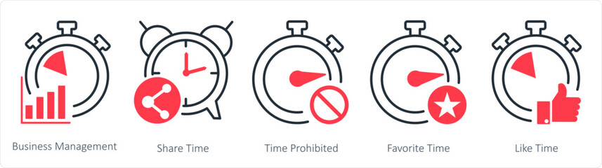A set of 5 business icons as business management, share time, time prohibited
