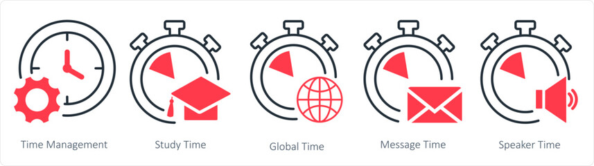 A set of 5 business icons as time management, study time, global time