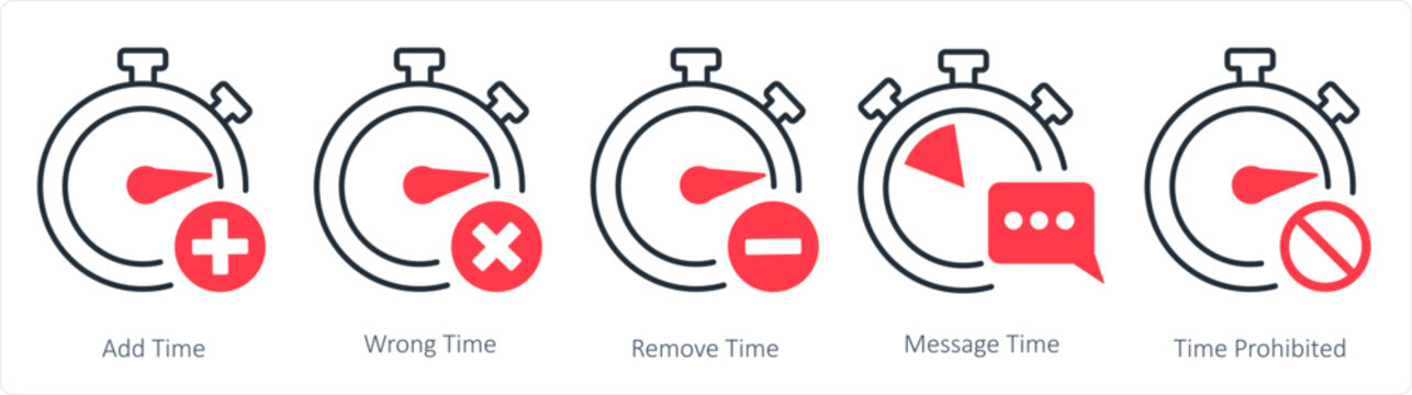 A set of 5 business icons as add time, wrong time, remove time