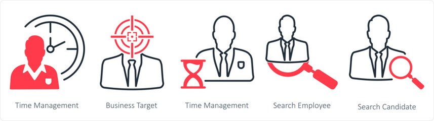 A set of 5 business icons as time management, business target, search employee