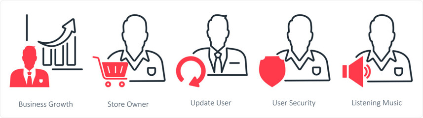 A set of 5 business icons as business growth, store owner, update user