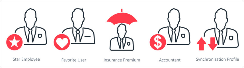 A set of 5 business icons as star employee, favorite user, insurance premium