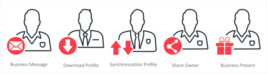 A set of 5 business icons as business message, download profile, synchronization profile