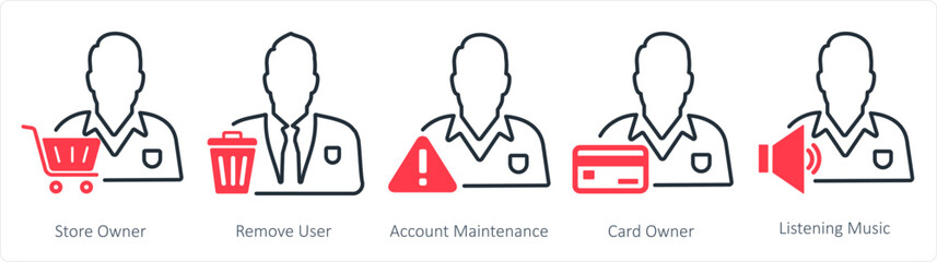 A set of 5 business icons as store owner, remove user, account maintenance