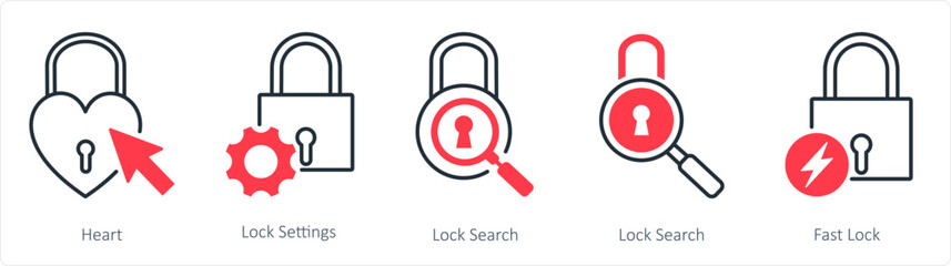 A set of 5 business icons as heart, lock setting, lock search