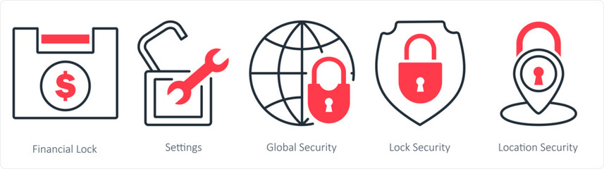 A set of 5 business icons as financial lock, settings, global security