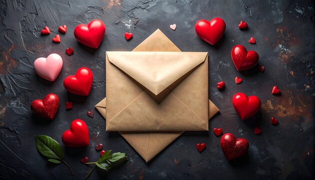 Three brown envelopes each hold a red heart—ritual of affection and secrecy, where scattered symbols choreograph the quiet architecture of love, longing, and emotional delivery.