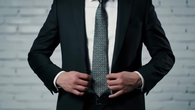 A professional in a tailored suit meticulously adjusts their jacket, embodying precision and readiness. This image conveys preparation, confidence, and attention to detail for success in business