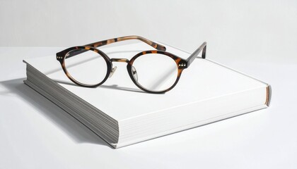 Black-rimmed eyeglasses rest atop a thick white book&mdash;ritual of intellect and stillness, where folded arms and blank pages choreograph the quiet architecture of thought and reflection.