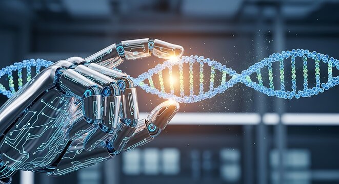 Futuristic robot hand analyzing DNA structure, exploring genetics and biotechnology breakthroughs in a cutting-edge science lab environment