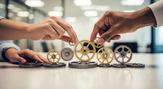Two hands placing gears on a table in an office setting. - Powered by Adobe