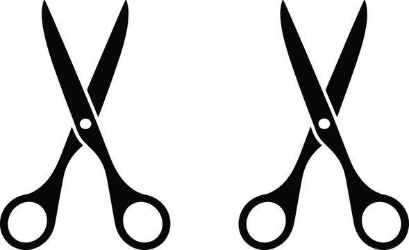 Mirrored scissors icon, black silhouette vector, cutting tool illustration, symmetrical design, duplicate scissors graphic, white background, minimal style