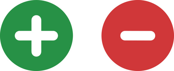 Fototapeta premium Plus minus icon set, green red circle symbol, addition subtraction sign, user interface graphic, isolated vector 