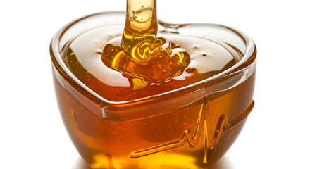 Golden Honey Flowing into Carved Heart with Heartbeat Symbol on White Background for Healthy Lifestyle Marketing