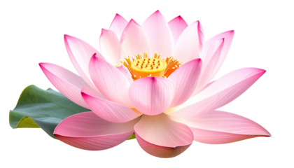 A fully bloomed lotus flower with pink petals and a yellow stamen, set against black