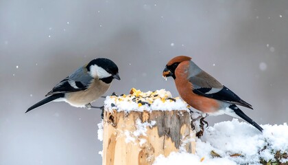 Two colorful birds, one eating seeds, perched atop a snow-covered stump
