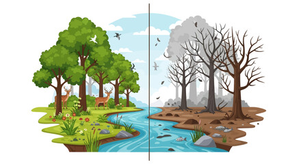 Comparison depicting contrasting landscapes showcasing climate change effect with different seasons