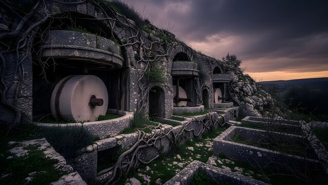 Ancient Lebanese Olive Press Overgrown at Twilight
